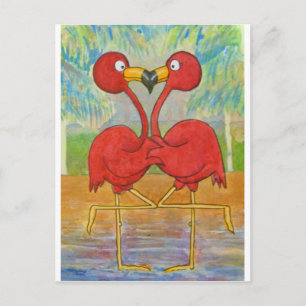 Whimsisches Pink Flamingo Pair auf der Insel Art Postkarte