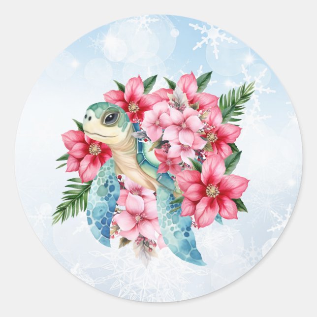 Whimsisches Pink Weihnachten Florenmeer Schildkröt Runder Aufkleber (Vorderseite)