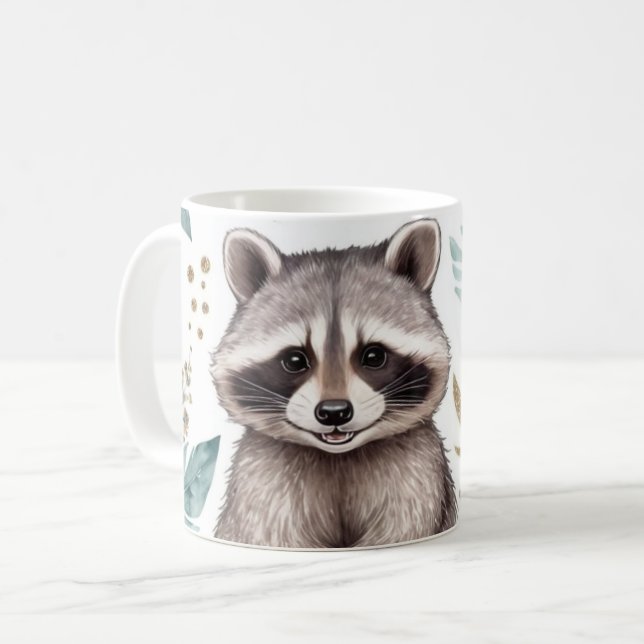 Whimsisches Raccoon mit floralen Akzenten Kaffeetasse (Vorderseite Links)