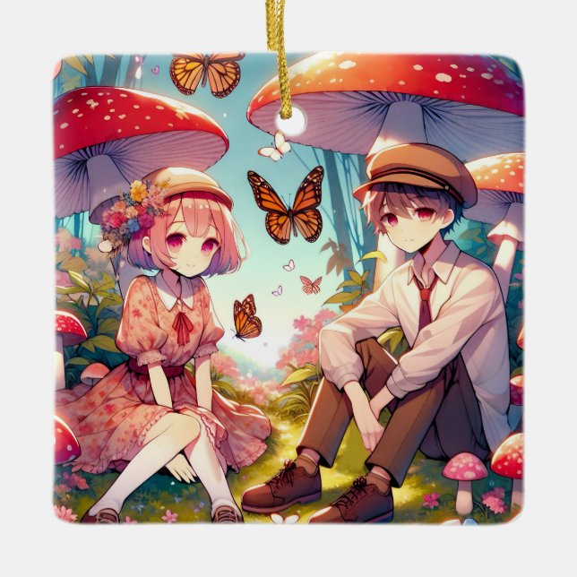 Whimsisches Romantisches Anime Couple Keramikornament (Vorderseite)