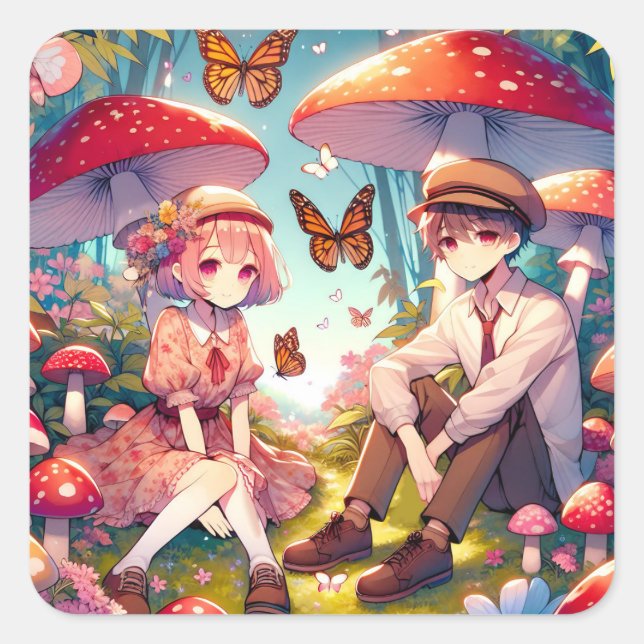 Whimsisches Romantisches Anime Couple Quadratischer Aufkleber (Vorderseite)
