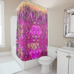 Whimsisches Rosa lila Glitzer Gold Tropfen Monogra Duschvorhang