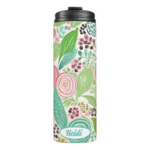 Whimsisches Rosa und aquamarine Blume personalisie Thermosbecher