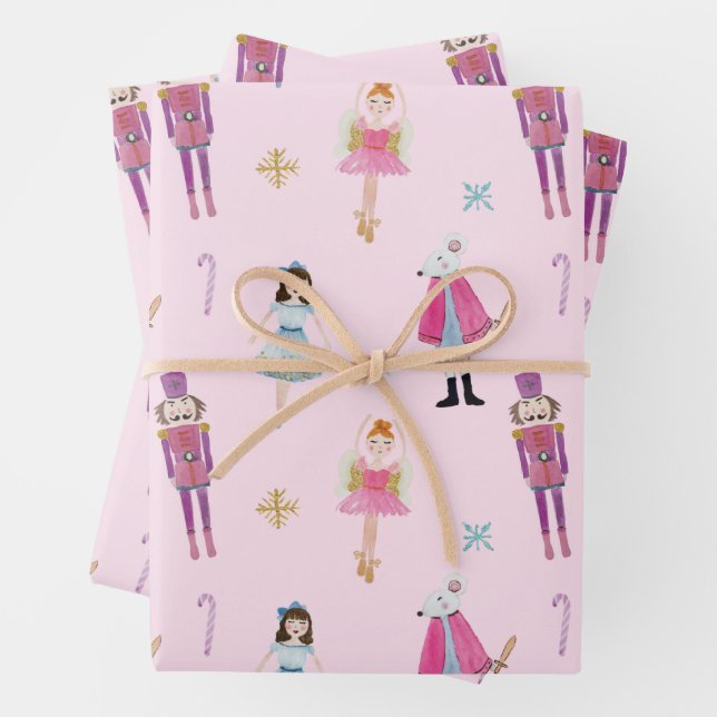 Whimsisches rosa Wasserfarbe Nutcracker Ballet Geschenkpapier Set (Beispiel)