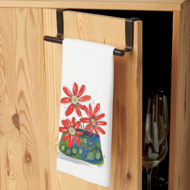 Whimsisches Rotes Blume Geschirrtuch (Drittel gefaltet)