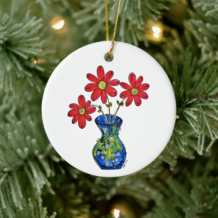 Whimsisches Rotes Blume in Blue Vase Keramik Ornament