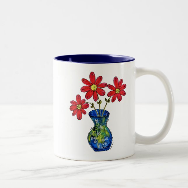 Whimsisches Rotes Blume in Blue Vase Zweifarbige Tasse (Rechts)