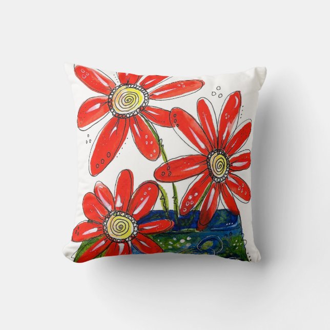 Whimsisches Rotes Blume Kissen (Vorderseite)