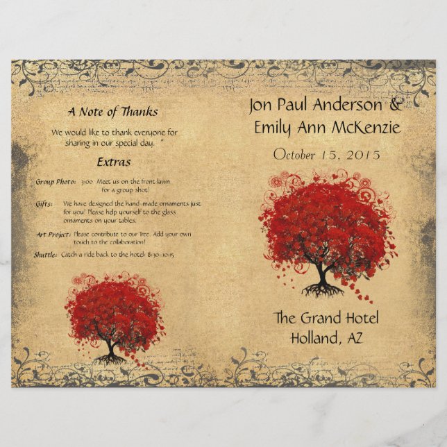 Whimsisches rotes Herzblatt-Baum-Hochzeitsprogramm (Vorderseite)