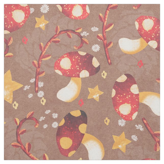 Whimsisches Rotes Pilz und Gelbe Stars auf Braun Stoff (Muster)