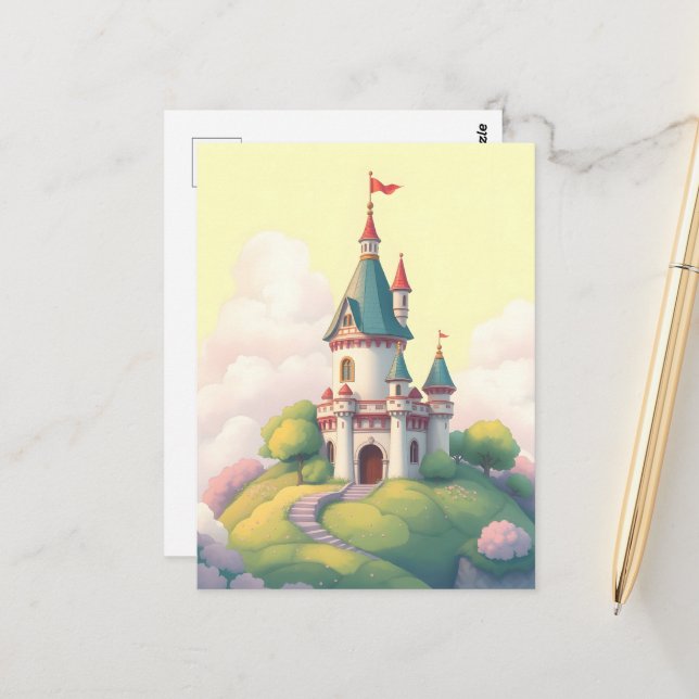 Whimsisches Schloss mit grünem Garten Postkarte (Vorderseite/Rückseite Beispiel)