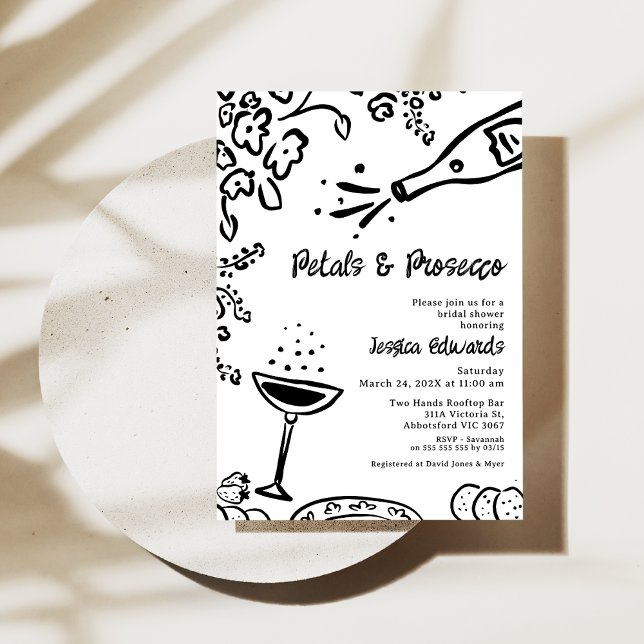 Whimsisches Schwarz Gezeichnet Petal Prosecco-Brau Einladung (Whimsical Hand Drawn Petal Prosecco Bridal Shower Invitation, Black White, Trendy Bridal Shower )