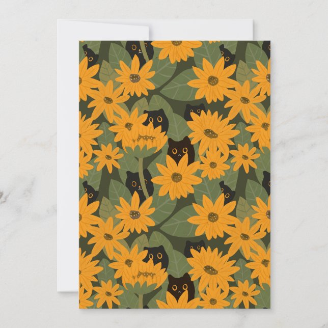 Whimsisches Schwarze Katze und Sonnenblumenmuster Einladung (Vorderseite)