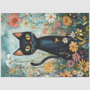 Whimsisches Schwarzes Katzen mit Wildblumen Decoup Seidenpapier