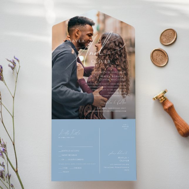 Whimsisches Skript | Dusty Blue Foto Siegel und Se All In One Einladung (Von Creator hochgeladen)