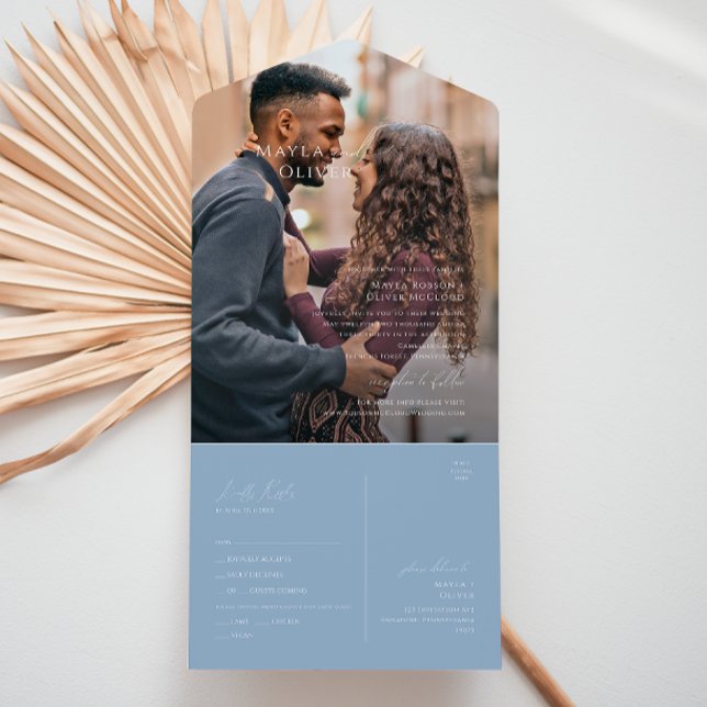 Whimsisches Skript | Dusty Blue Foto Siegel und Se All In One Einladung (Von Creator hochgeladen)