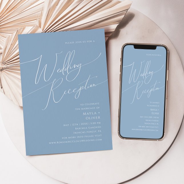 Whimsisches Skript | Dusty Blue Wedding Empfang Einladung (Von Creator hochgeladen)