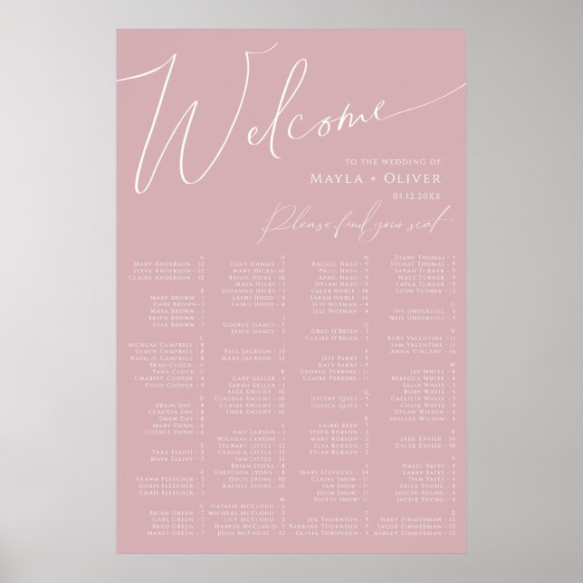 Whimsisches Skript | Dusty Rose Alphabetische Sitz Poster (Vorne)