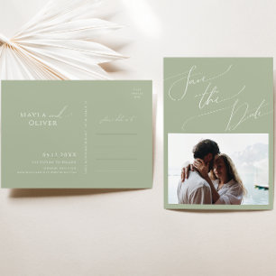 Whimsisches Skript   Sage Green Foto Save the Date Einladungspostkarte