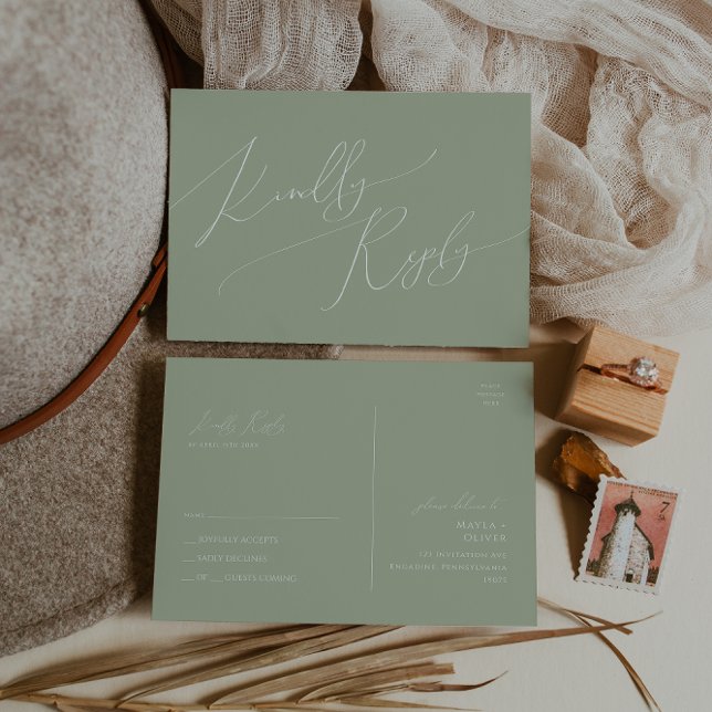 Whimsisches Skript | Sage Green Wedding RSVP Postkarte (Von Creator hochgeladen)