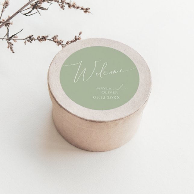 Whimsisches Skript | Sage Green Wedding Welcome Runder Aufkleber (Von Creator hochgeladen)