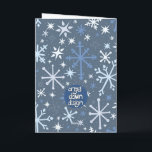 Whimsisches Snowflake Grußkarte in Blues Karte<br><div class="desc">Ein skurriles Schneeflockenmuster in der Blues. Vintage inspirierte Schneeflocken in verschiedenen Größen,  Formen und Farbtönen wirbeln auf Stahlgrau herum. Ideal für alle Winterschneeliebhaber!</div>