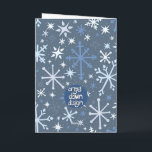 Whimsisches Snowflake Grußkarte in Blues Karte<br><div class="desc">Ein skurriles Schneeflockenmuster in der Blues. Vintage inspirierte Schneeflocken in verschiedenen Größen,  Formen und Farbtönen wirbeln auf Stahlgrau herum. Ideal für alle Winterschneeliebhaber!</div>