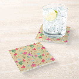 Whimsisches tropisches Blumen- und Herz-Wassercolo Glasuntersetzer