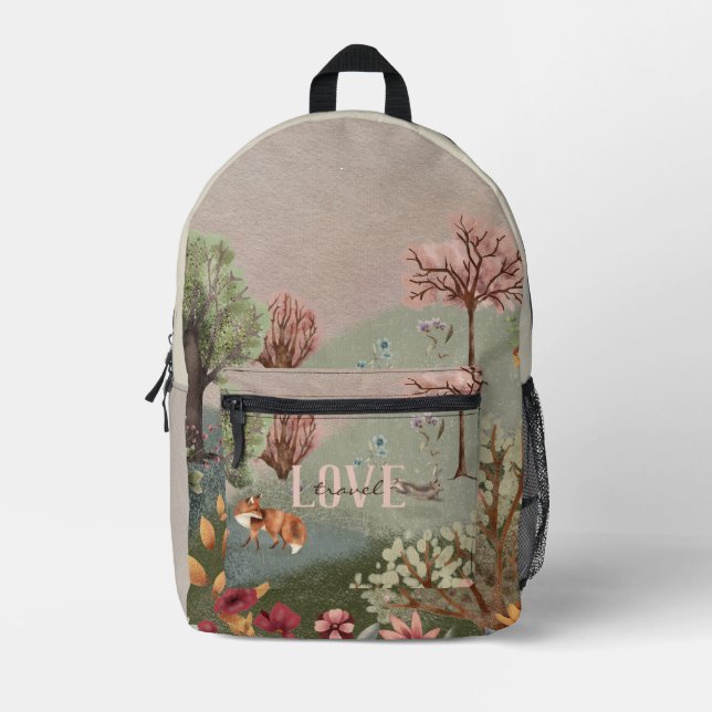 Whimsisches Waldland Szene farbiger Bleistift Bedruckter Rucksack (Vorderseite)