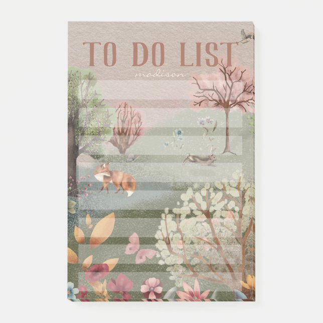 Whimsisches Waldland Szene farbiger Bleistift Post-it Klebezettel (Vorderseite)