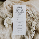 Whimsisches Wappen | Schwarz-Weiß-Hochzeit in Mono Menükarte<br><div class="desc">Diese stilvollen Schwarz-Weiß-Karten für Hochzeitsmenüs oder Probe-Dinner-Karten bieten eine schwarze,  handgezeichnet Abbildung eines Wappen mit Kirschen und Blume und Ihre Initialen oder Monogramme in der Mitte. Moderne handgeschriebene Schrift und klassischer schwarzer Text schaffen einen zeitlosen Look.</div>