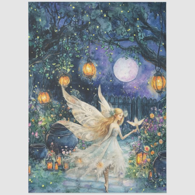 Whimsisches Wasserfarben-Fee-Garten-Decoupage-Papi Seidenpapier (Vorderseite)
