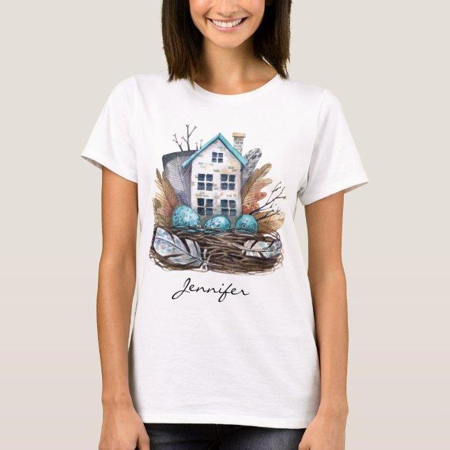 Whimsisches Wasserfarbengebirge Nest Märchenhaus T-Shirt (Vorderseite)