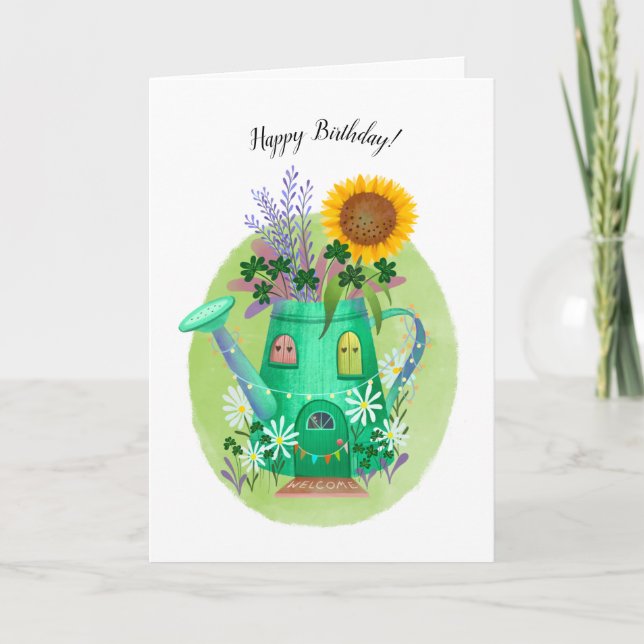 Whimsisches Wasserkocher und Sonnenblumenkarte zum Karte (Vorderseite)