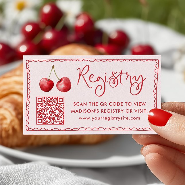 Whimsisches Watercolor Cherry Baby Registry QR Cod Begleitkarte (Von Creator hochgeladen)
