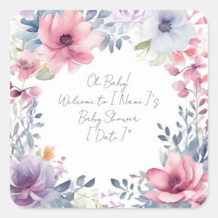 Whimsisches Watercolor Floral Baby Shower Oh Baby Quadratischer Aufkleber