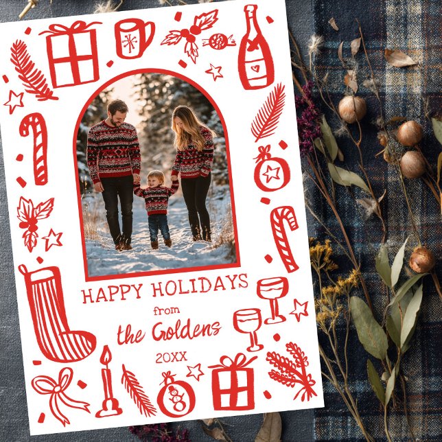 Whimsisches Weihnachten Niedliches Custom Arch FOT (Whimsical Christmas Cute Custom Arch PHOTO Modern Doodle Sketch Holiday Card
)