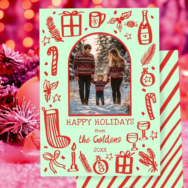 Whimsisches Weihnachten Niedliches Custom Arch FOT (Whimsical Doodle Sketch Christmas Cute Custom Arch PHOTO Holiday Card
)