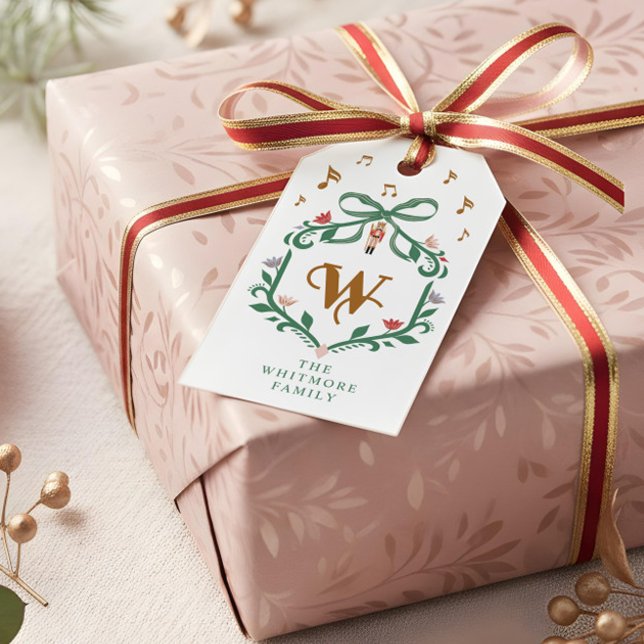 Whimsisches Weihnachtscreme Monogram Wappen Bow Geschenkanhänger (Whimsical Christmas Nutcracker Monogram Crest Bow Gift Tags)