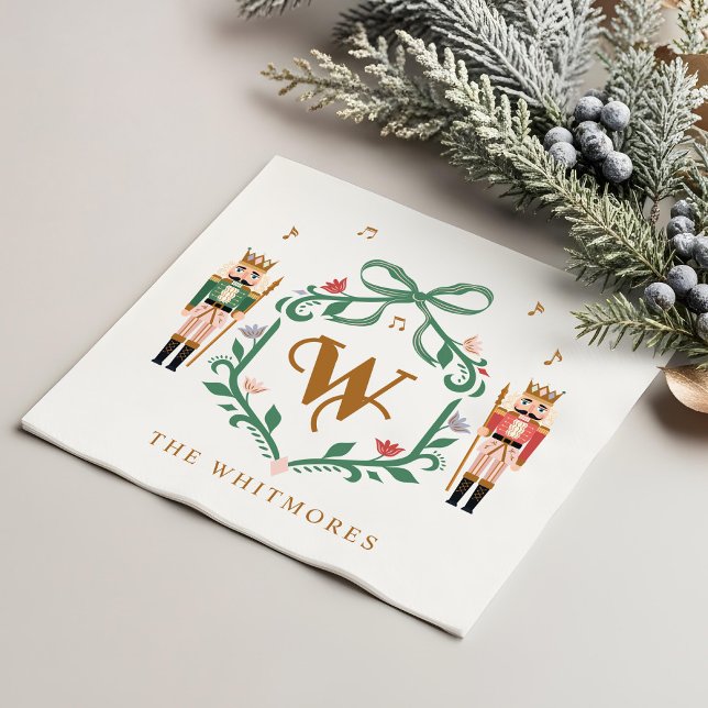 Whimsisches Weihnachtscreme Monogram Wappen Bow Serviette (Whimsical Christmas Nutcracker Monogram Crest Bow Napkins)