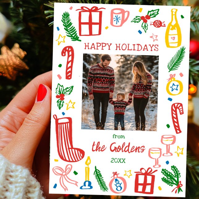 Whimsisches Weihnachtsdoodle Niedliches kundenspez Feiertagskarte (Whimsical Christmas Doodle Sketch Cute Custom PHOTO Flat Holiday Card
)