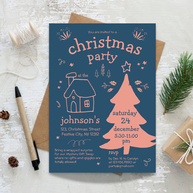 Whimsisches Weihnachtsfest mit Baum und Hütte Einladung (Whimsical Christmas Party with Tree and Cottage Invitation)