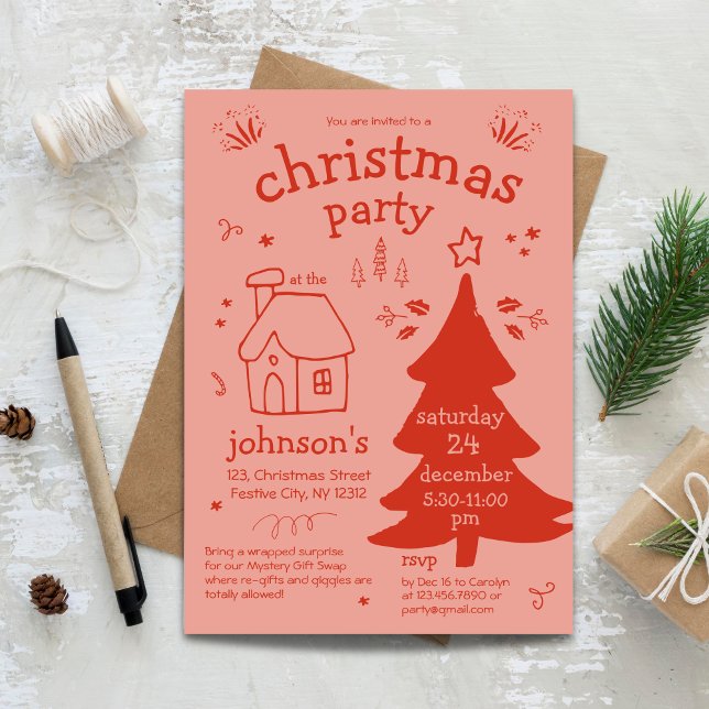 Whimsisches Weihnachtsfest mit Baum und Hütte Einladung (Whimsical Christmas Party with Tree and Cottage Invitation)