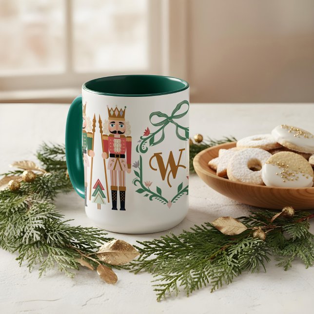Whimsisches Weihnachtsnährkracker Monogram Bow Tasse (Whimsical Christmas Nutcracker Monogram Bow Mug)