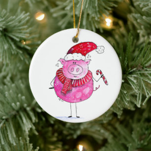 Whimsisches Weihnachtsschwein Keramik Ornament