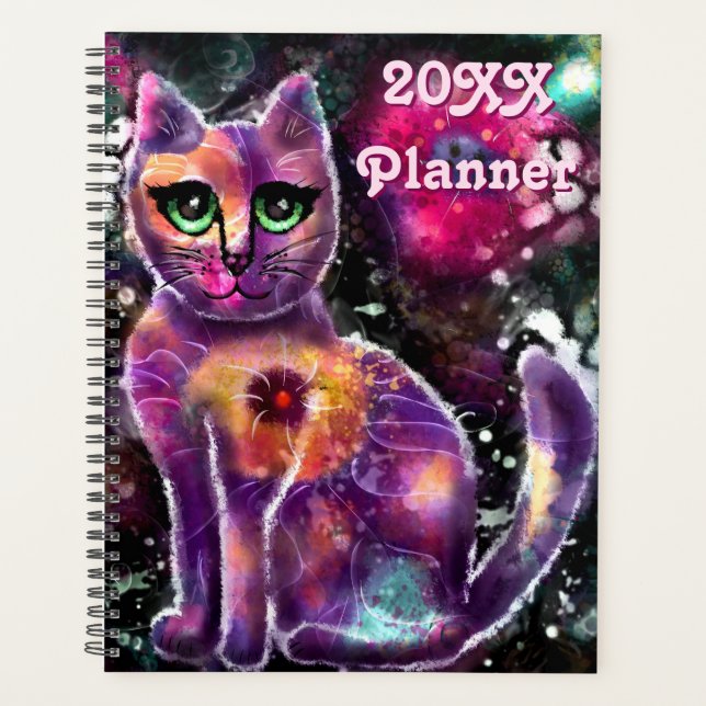 Whimsisical Abstrakt Kitty Cat Floral Pink Black Planer (Vorderseite)