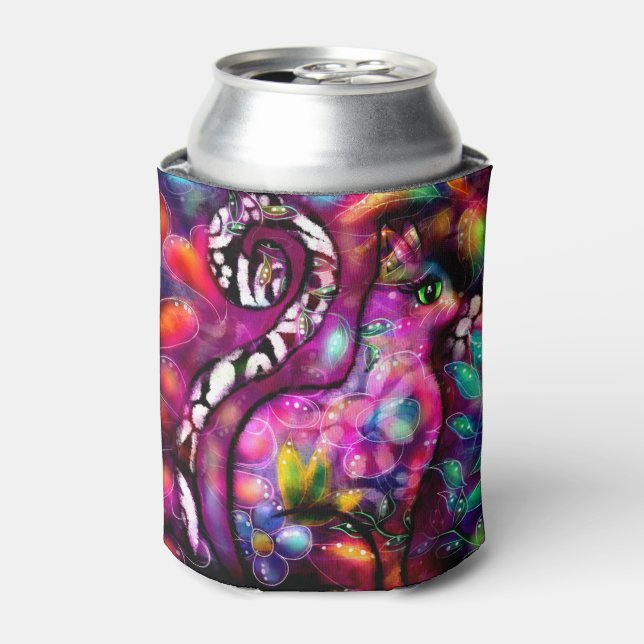 Whimsisisches Abstrakt Kitty Cat Floral Rot Rosa Dosenkühler (Kanne Vorderseite)