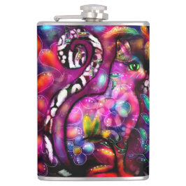 Whimsisisches Abstrakt Kitty Cat Floral Rot Rosa Flachmann