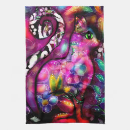 Whimsisisches Abstrakt Kitty Cat Floral Rot Rosa Geschirrtuch