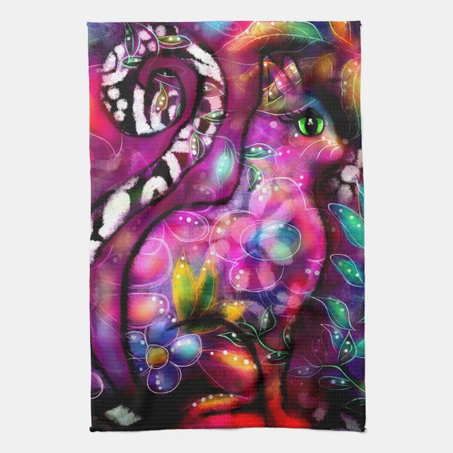 Whimsisisches Abstrakt Kitty Cat Floral Rot Rosa Geschirrtuch (Vertikal)